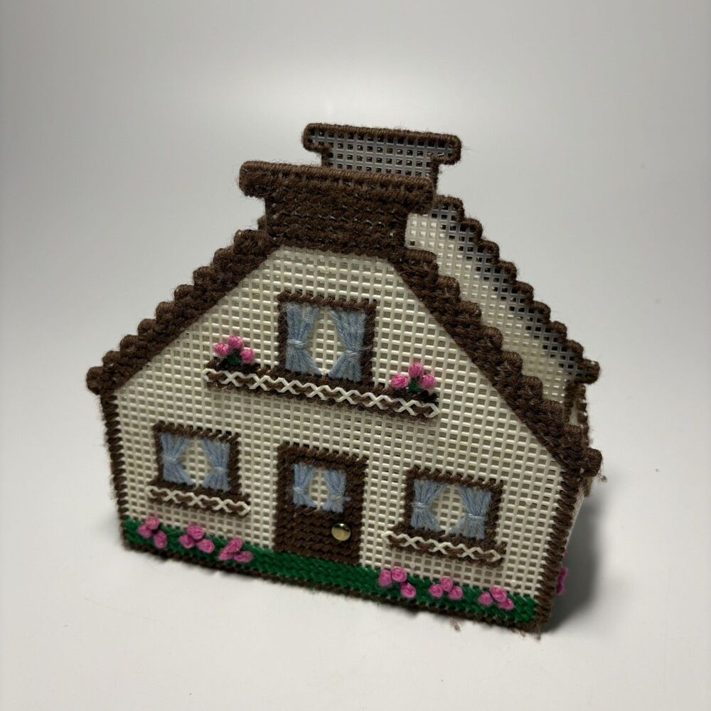 Handmade Plastic Canvas Needlepoint House Napkin Holder 6x7x2.5” Cottage